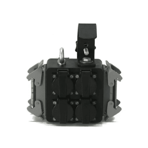Rubberen stroomverdeler type C06 met vier spatwaterdichte stopcontacten en ophangbeugel, compacte verdeelkast 16A, IP65